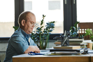 A man with inclusivity wearing glasses sits at a desk in a well-lit office, working diligently.