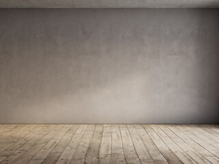 Empty gray loft interior with old wood floor and stucco wall. 3d render illustration mockup.