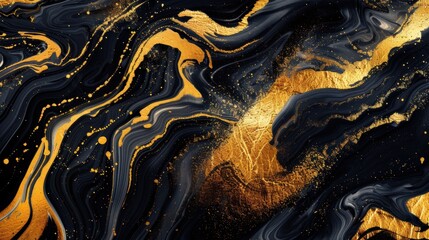 Obraz premium Abstract black marble background with golden swirls and glitter