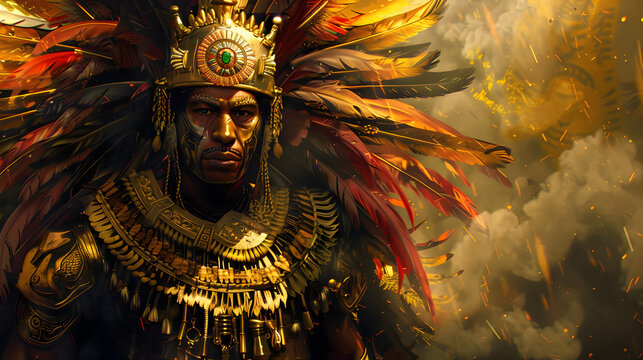 An Incan warrior adorned with feathers and gold, illustration.



