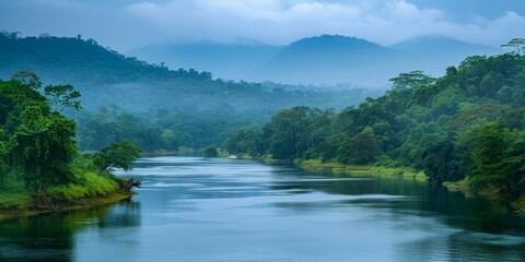 Fototapeta premium The river flows through the mountains. The river is wide and calm. The mountains are green and lush. The sky is blue and cloudy. The photo is taken from a high angle.
