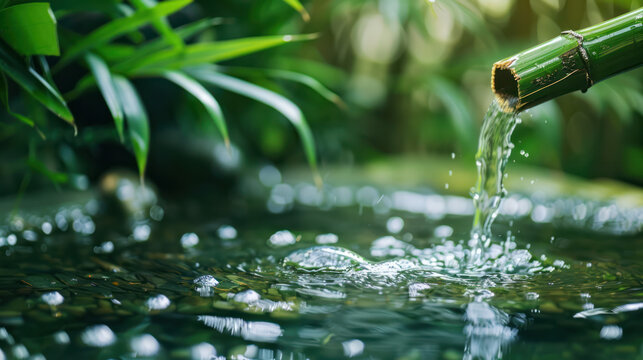 A close-up of a bamboo water feature pouring water into a small pond, surrounded by green foliage