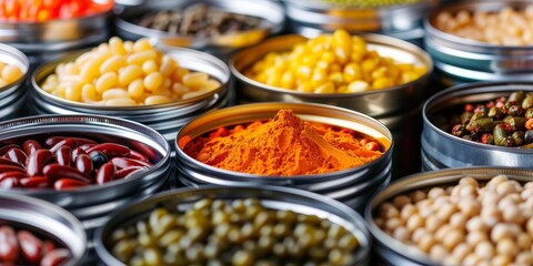 Various types of beans, peas, lentils and spices in metal containers at the market.