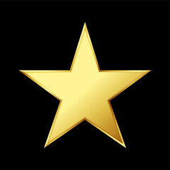 Gold luxury five-pointed 3D star on a black background. Award ceremony, anniversary, premium product. Vector stock illustration.