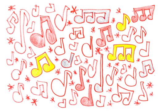 Grunge hand draw shape colorful music notes, icons isolated on white, red marker