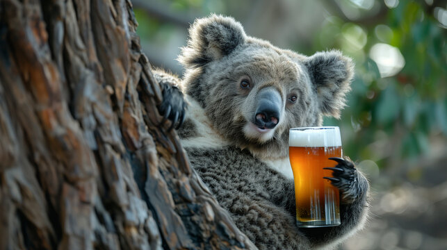 A koala sits in a tree, holding a glass of beer with a relaxed expression