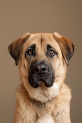 Obraz premium Anatolian Shepherd dog on minimalistic colorful background with Copy Space. Perfect for banners, veterinary ads, pet food promotions, and minimalist designs. 