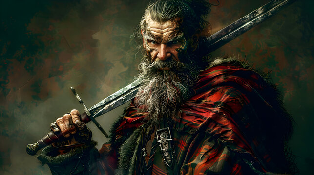 A Scottish Highlander with fierce expression and broadsword, illustration.


