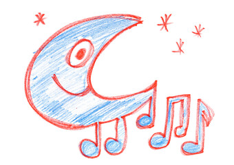 Grunge hand draw music notes in shape crescent, icon isolated on white, red marker	