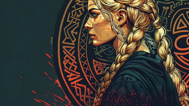 A Viking shieldmaiden with braided hair and Norse runes, illustration.


