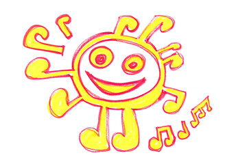 Grunge hand draw music notes in shape sun, icon isolated on white, red marker	