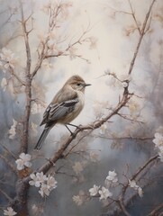 Dark academia poster. Bird on a Blossom Branch