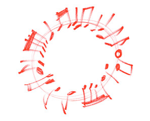 Grunge hand draw shape music notes, icon isolated on white, red marker