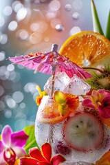 Coconut juice cocktail with ice cubes decorated with colorful fruit and flowers. Generative Ai