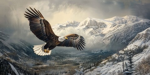 majestic eagle soars above the snow-capped mountains