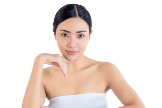 Young asia woman with clear skin and confident expression, in a beauty or skincare context. copy space use for advertising of skin care product or spa
