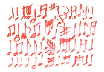 Grunge hand draw shape music notes, icons isolated on white, red marker 	