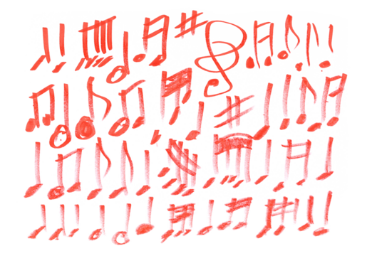 Grunge hand draw shape music notes, icons isolated on white, red marker 	