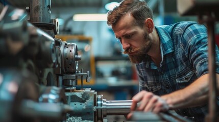 Small business owner or manufacturing engineer carefully inspecting mechanical equipment and machinery in a industrial workshop or factory setting