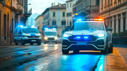 Police cars with flashing lights on a city street. The street is wet, likely after rain. The buildings in the background suggest a historic European town. Nighttime enforcement. AI