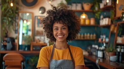 Smiling and Friendly Woman Business Owner Welcoming and Greeting Customers in Her Small Cafe Bar or Specialty Retail Shop with Cozy and Inviting Interior Design