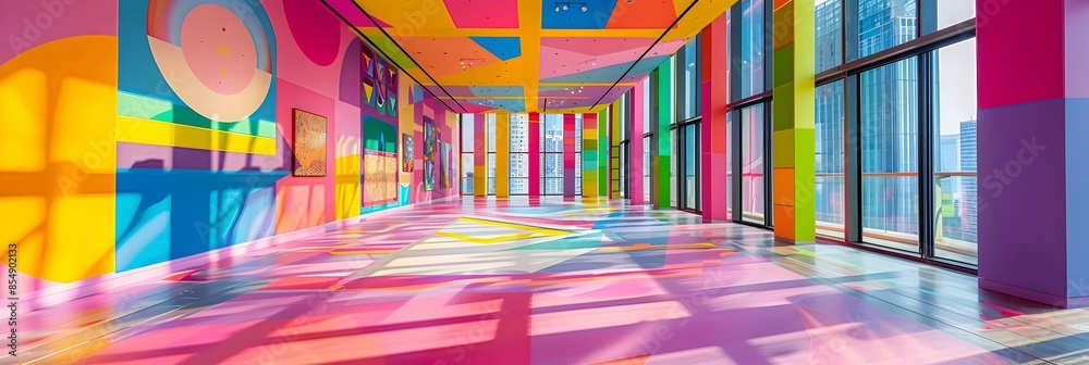 Poster colorful and geometric hallway providing a vibrant and visually striking passage through a modern an