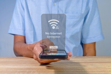 Man using a smartphone with no internet connection on screen. No internet access or bad connection...