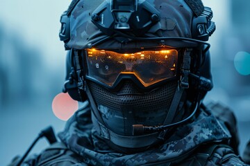 A soldier displaying how technology can improve human capabilities while donning a cutting-edge combat suit.