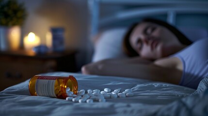 A woman sleeping beside scattered medication on a bed with a bottle open. The candle-lit room creates a calm, nighttime atmosphere. This image can be used to depict health or sleep issues. AI