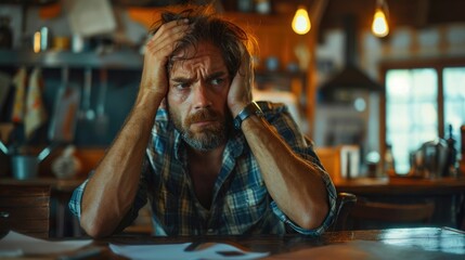 Close up Shot of a Distressed Looking Man Sitting at a Dining Table Hands Clutching His Head with a Troubled Pensive Disposition as He Contemplates a Problem or Difficulty