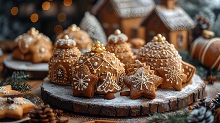 Cozy Gingerbread Cookies with Festive on Wooden Surface