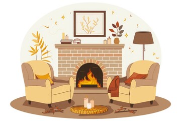 An inviting living room with a warm fireplace and comfortable armchairs, depicted in a charming illustration against a clear white background.