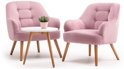 Elegant lavender armchair with a matching footstool and round table, isolated on white, featuring plush cushions and clean lines, suitable for a modern and cozy home setting