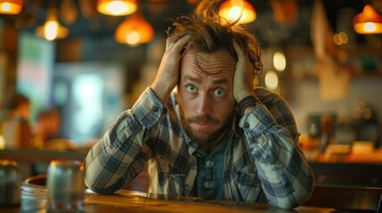Distressed middle aged man clutching his head with a troubled expression sitting alone at a dining table deep in thought and contemplation over personal problems or challenges he is facing