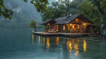 Fototapeta premium Cozy Wooden Cabin Nestled by Serene Mountain Lake with Glowing Lights and Reflections