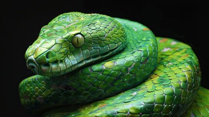Fototapeta premium Green Snake Close-Up: Detailed and Vivid Reptile Image, Generative AI