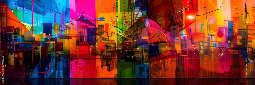 Poster dazzling futuristic cityscape with vibrant neon lights and abstract architectural elements