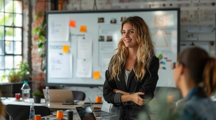 Confident and Driven Woman Entrepreneur Presenting Her Ideas and Strategies to Her Dedicated Team Members in a Bright Modern Meeting Room Setting  The Scene Depicts a Collaborative