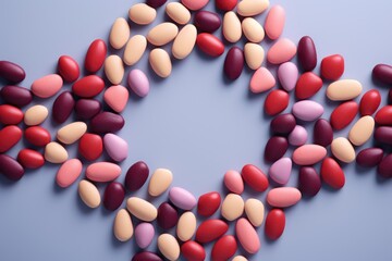 A bunch of multicolored pills are arranged in a circle. The pills are of different colors and sizes, and they are scattered all over the image. The arrangement of the pills creates a sense of chaos