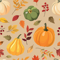 Autumn seasonal seamless pattern with colorful pumpkins, forest leaves and red berries. Fall harvest, Thanksgiving wallpaper, graphic.