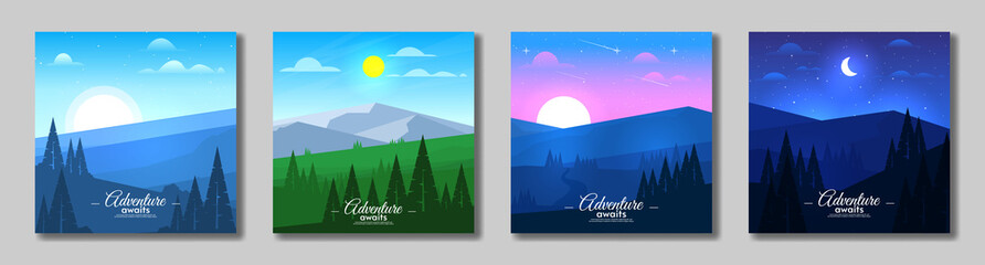 Morning, noon, evening and night. Set of abstract vector landscape card. Flat style design. Beautiful sky. Mountains with hills and forest. Touristic poster design.