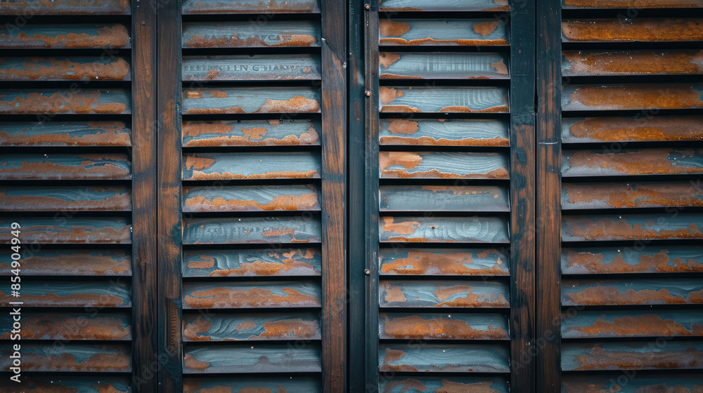 Wall mural a close-up photo of weathered wooden louvered shutters with a rustic, faded appearance