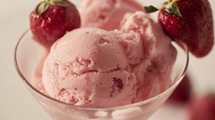Elegant champagne and strawberry ice cream, a closeup of elegant champagne and strawberry ice cream, its pale pink color and bubbly texture set against a white background