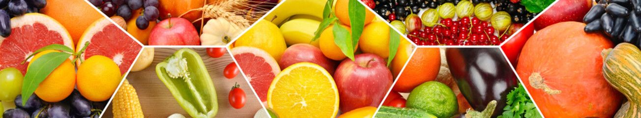 Collection fruits and vegetables background. Collage. Wide photo.