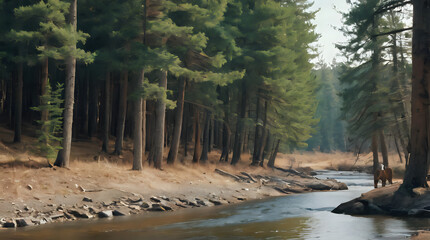 a bear that is standing in the water by the trees