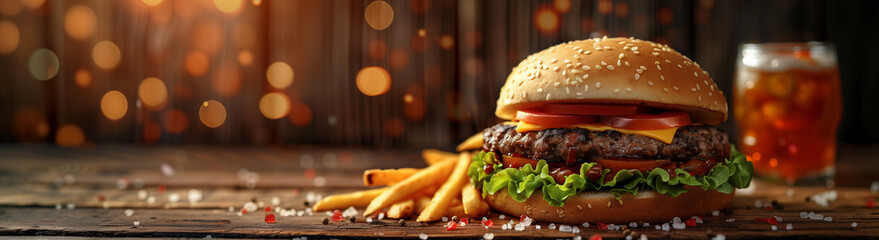 A burger, cheeseburger, hamburger with fries, fast food, lunch, dinner, meal
