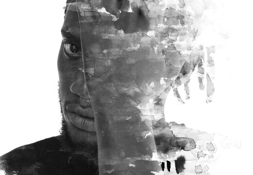 A black and white ink stroke pattern paintography portrait of a young man