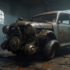 a old car that is sitting in a garage