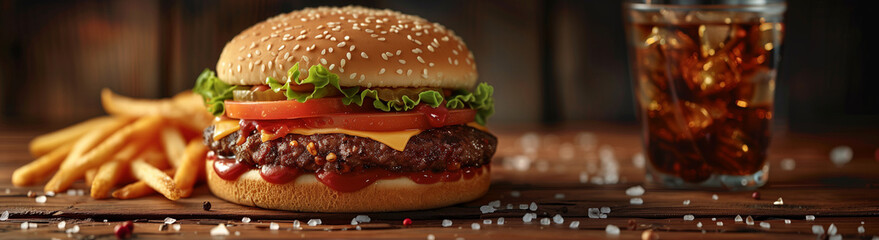 A burger, cheeseburger, hamburger with fries, fast food, lunch, dinner, meal