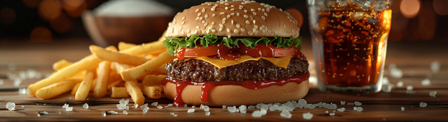 A burger, cheeseburger, hamburger with fries, fast food, lunch, dinner, meal